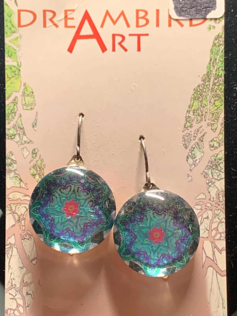 Hand Crafted Green Teal & Purple Kaleidoscope Glass Earrings